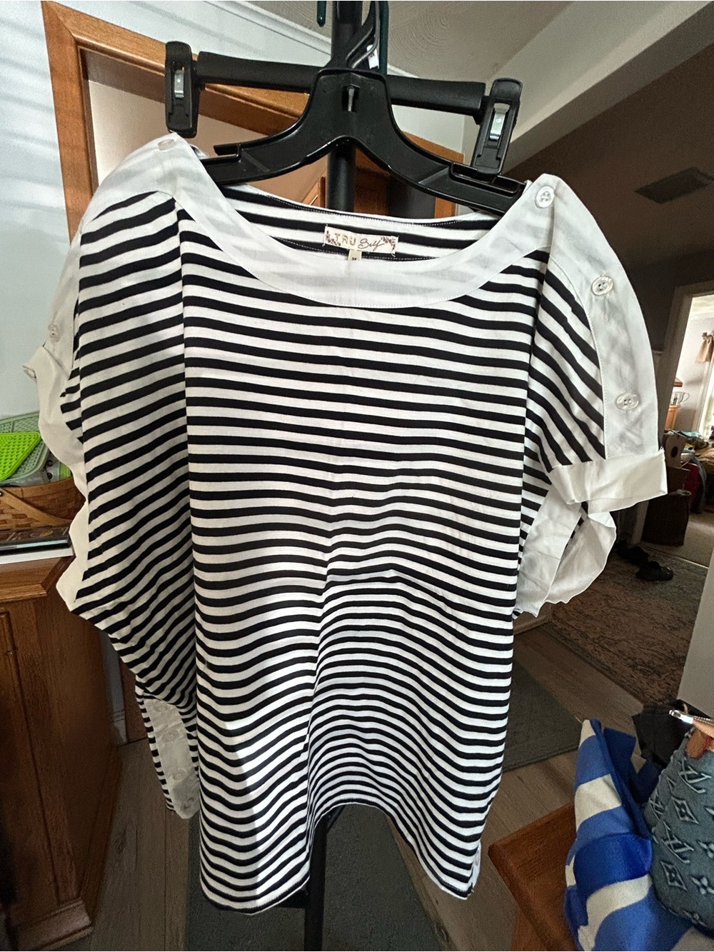 Striped Black & White Button-Sleeve Women’s Tee